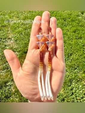 Handmade Beaded Earrings: White, Brown, Gold, Dentalium Shell Dangle Earrings